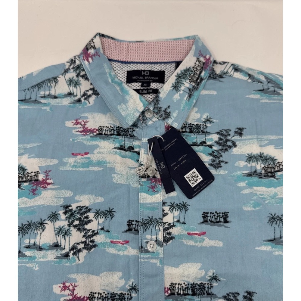 Michael Brandon Mens XL Slim Fit Short Sleeve Button Down Tropical Palm Tree‎